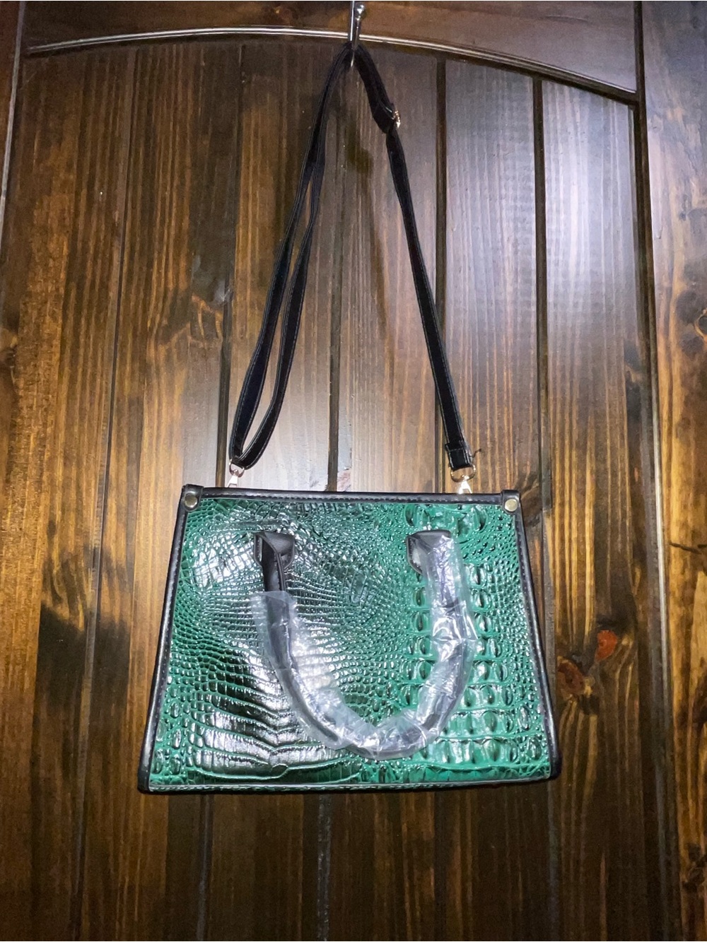 SHEIN Green Croc-Embossed Satchel with Black Trim